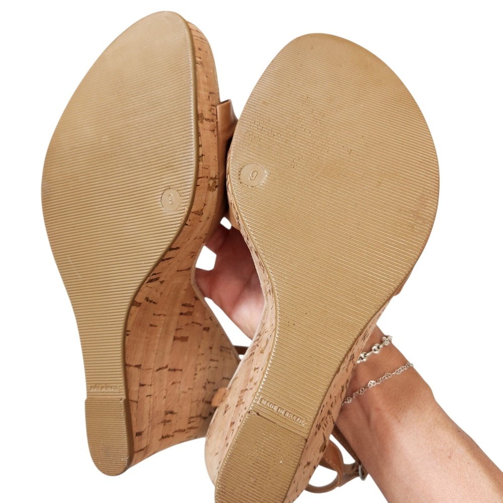 WHBM Size 9 Leather Ankle Strap Cork Wedges 4.5 Inch Heel Tan Nude Comfort Boho - Picture 9 of 11